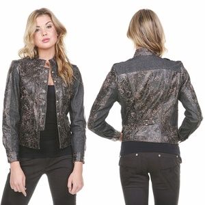 H&D LEATHER COLLECTION Distressed Crackled Leather & Denim Moto Jacket